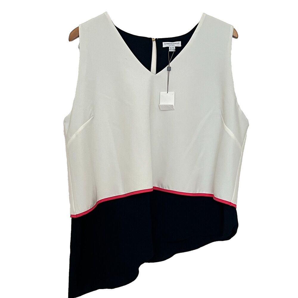 Katherine Barclay Top XL White Black Crepe Career Business NWT